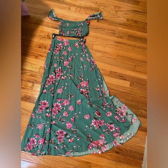 Lulus green pink floral off shoulder crop top skirt two 2 maxi set two piece - Picture 6 of 11
